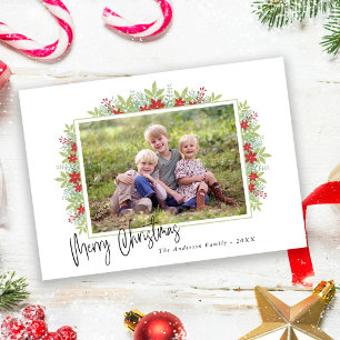 Winter Greenery Poinsettia Photo Christmas Holiday Card