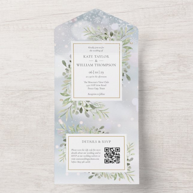 Winter Greenery QR Code Monogram Wedding All In One Invitation (Inside)
