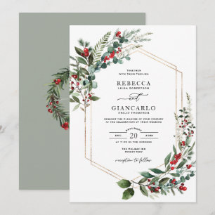 Winter Greenery Red Berries Christmas Wedding Invitation