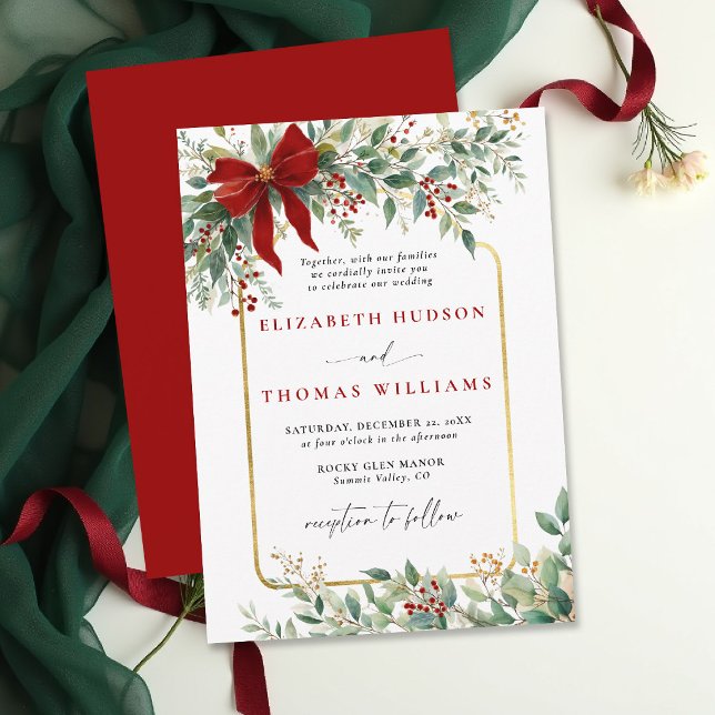 Winter Greenery Red Bow Rustic *Gold Frame Wedding Invitation (christmas wedding invitation card template design winter greenery botanical rustic chic golden frame)