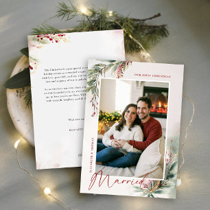 Winter Greenery Red Green First Christmas Married Holiday Card