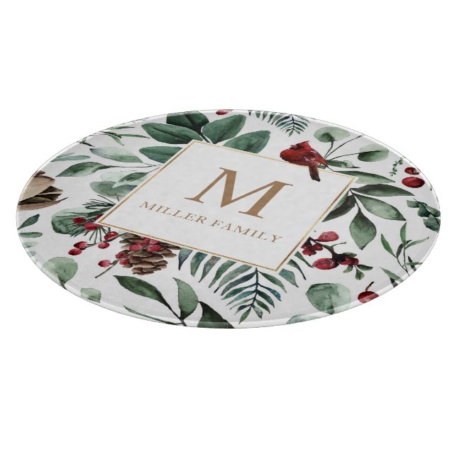 Winter Greenery Red Happy Holidays Monogram Cutting Board (Corner)