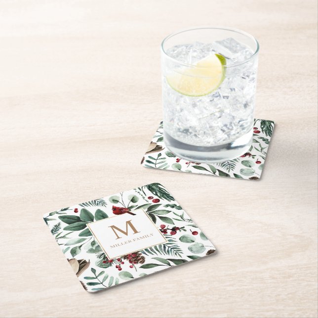 Winter Greenery Red Holiday Monogram Square Paper Coaster (Insitu)