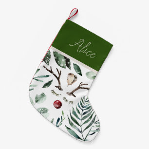 Winter Greenery Rudolph Nose Monogram Small Christmas Stocking