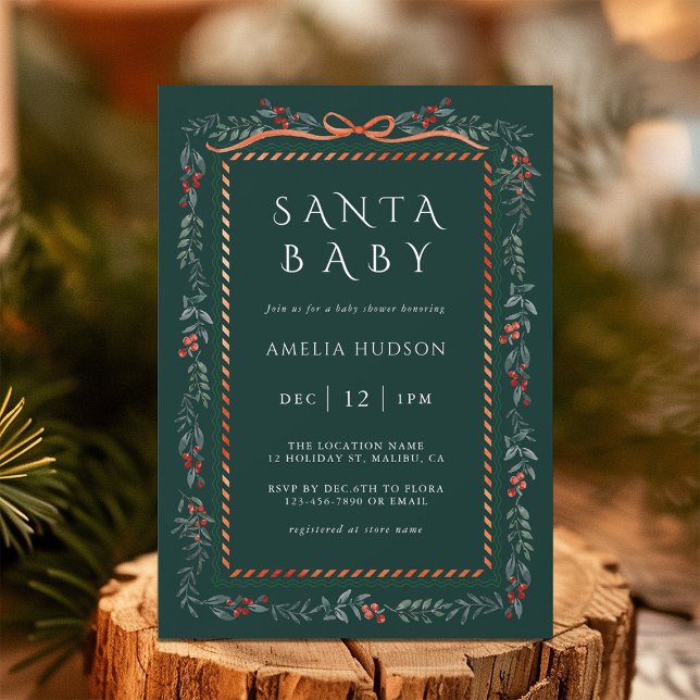 Winter Greenery Santa Baby Shower Green      Invitation (Creator Uploaded)