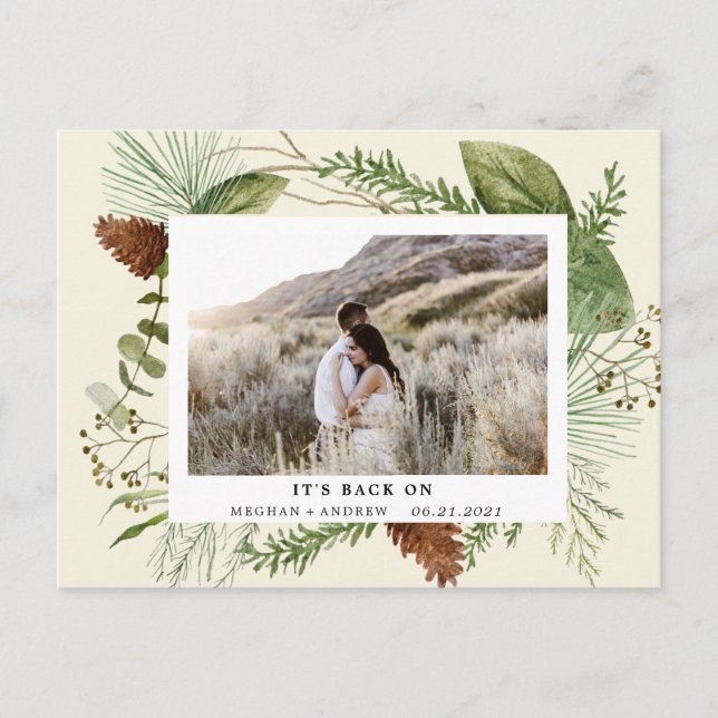 winter greenery save the date photo postcard (Front)