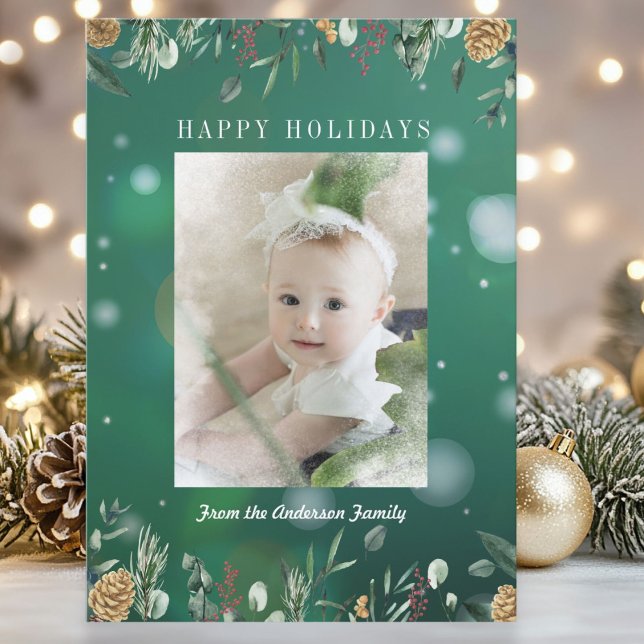 Winter Greenery Snow Bokeh Photo Holiday Card (Winter Greenery Snow Bokeh Photo Holiday Card)