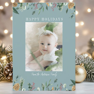 Winter Greenery Snow-Overlay  Photo Holiday Card