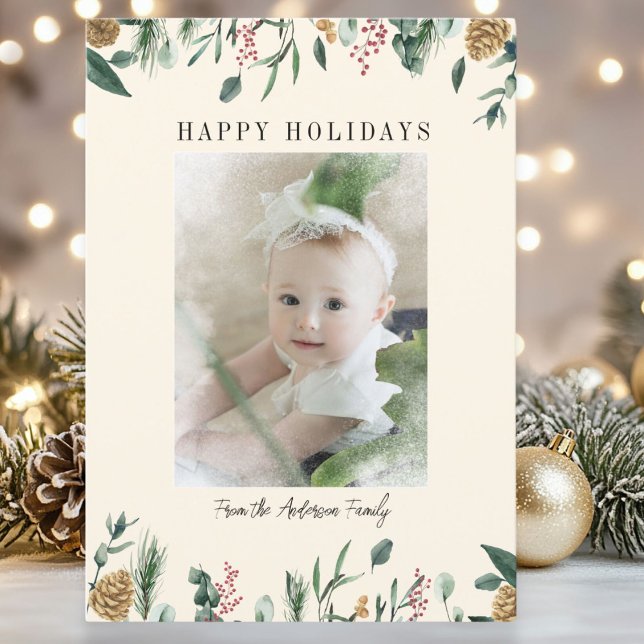 Winter Greenery Snow-Overlay  Photo Holiday Card (Winter Greenery Snow Photo Beige Holiday Card)