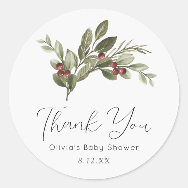 Winter Greenery Thank you Favour Classic Round Sticker (Front)