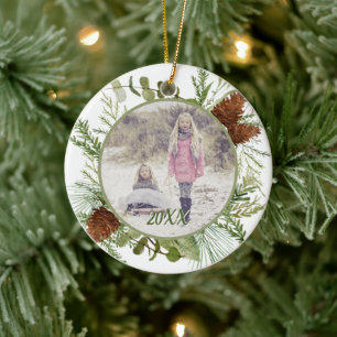 Winter Greenery Watercolor double sided photo Ceramic Ornament