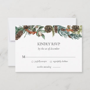 Winter Greenery Watercolor Pine Cone Wedding RSVP Card