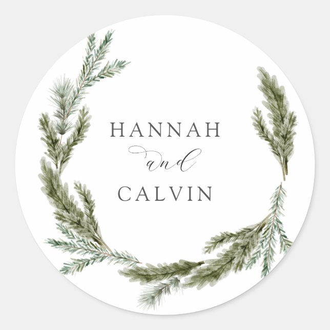 Winter Greenery Wedding Classic Round Sticker (Front)