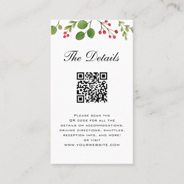 Winter Greenery Wedding Details card with QR code  (Front)