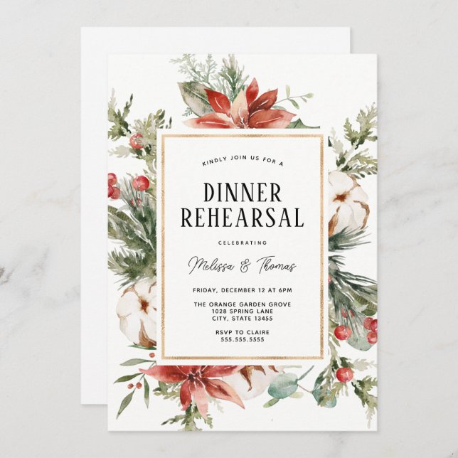 Winter Greenery Wedding Dinner Rehearsal Invitation (Front/Back)