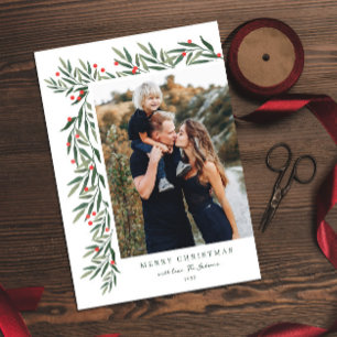 Winter Greenery White Photo Christmas Holiday Card