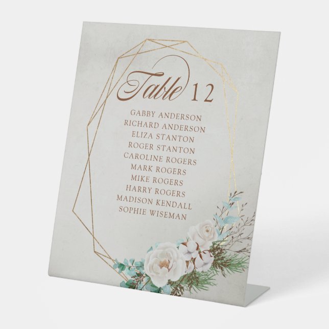 Winter Greenery White Rose Wedding Table Seating Pedestal Sign (Front)