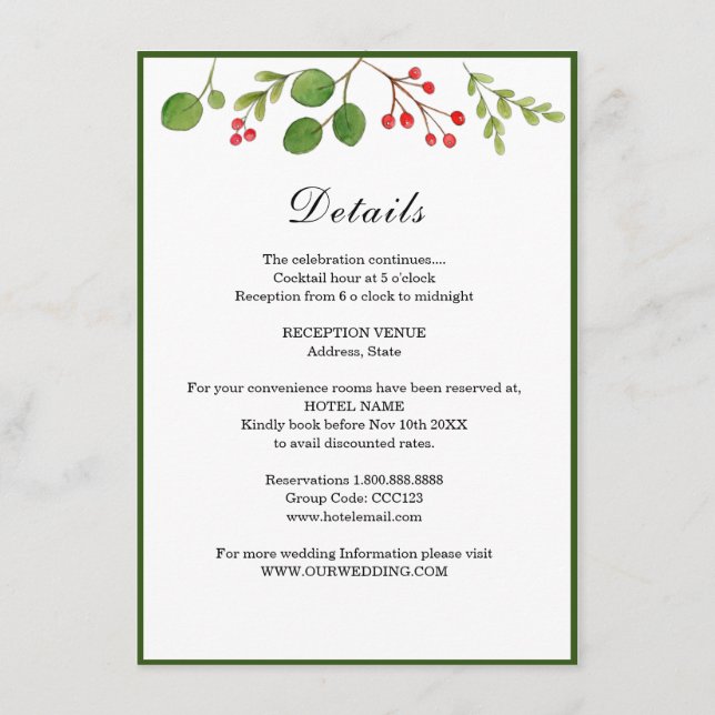 Winter Greenery Winter / Holiday  Wedding details Enclosure Card (Front)