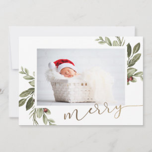 Winter Greenery with Gold Calligraphy Holiday Card