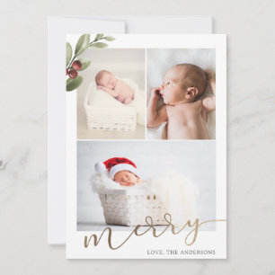 Winter Greenery with Gold Merry Multi Photo Holiday Card