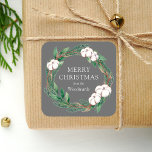 Winter Greenery Wreath Merry Christmas Grey  Square Sticker<br><div class="desc">This personalised holiday sticker features a watercolor wreath of green and brown winter greenery,  including pine sprigs and cotton. The words "Merry Christmas" appear in white serif font on a grey background. Personalise the design with your family name below in white italics.</div>