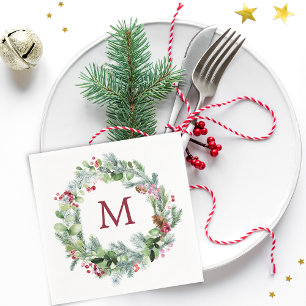 Winter Greenery Wreath Monogram Paper Napkin