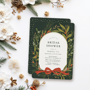 Winter Greenery Wreath Red Bow Green Bridal Shower Invitation