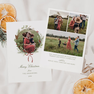 Winter Greenery Wreath Red Bow Photo Holiday Card