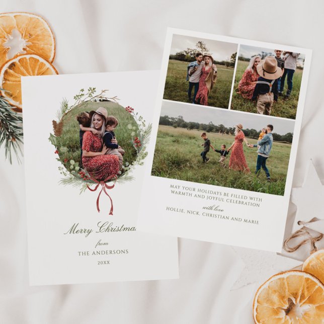 Winter Greenery Wreath Red Bow Photo Holiday Card (Creator Uploaded)