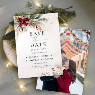 Winter Greens Christmas Red Bow Photo Wedding Save The Date