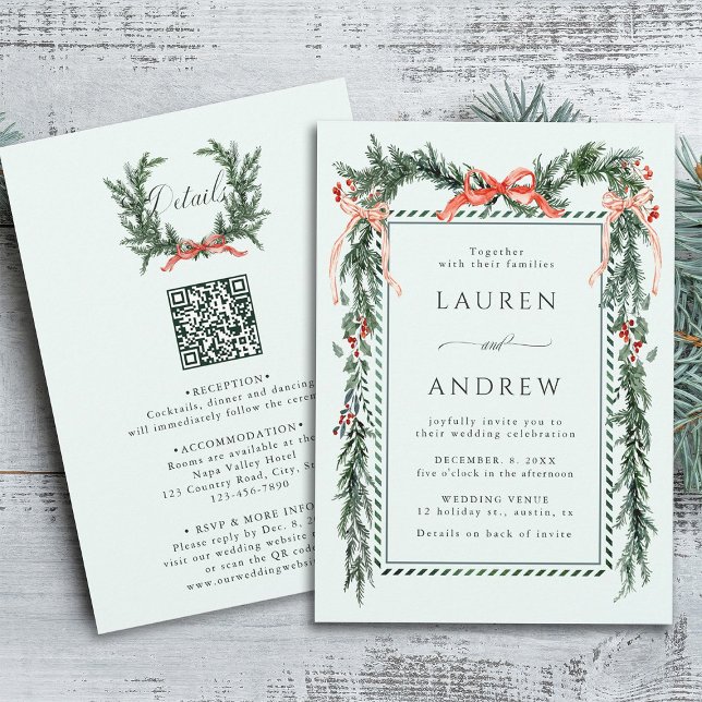 Winter Greens Garland Wedding All in One Mint Invitation (Front & Back)
