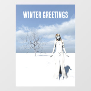 Winter Greetings. Female elf walking in the snow