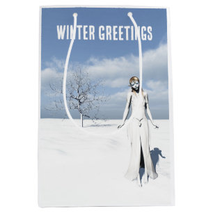 Winter Greetings. Female elf walking in the snow Medium Gift Bag