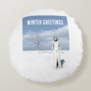 Winter Greetings. Female elf walking in the snow Round Cushion