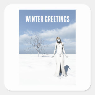 Winter Greetings. Female elf walking in the snow Square Sticker