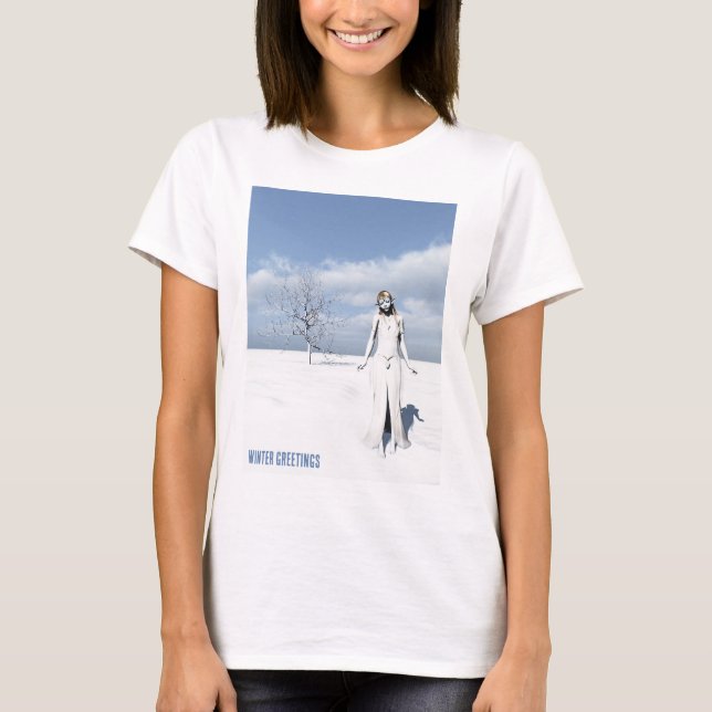 Winter Greetings. Female elf walking in the snow T-Shirt (Front)