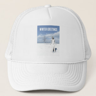 Winter Greetings. Female elf walking in the snow Trucker Hat