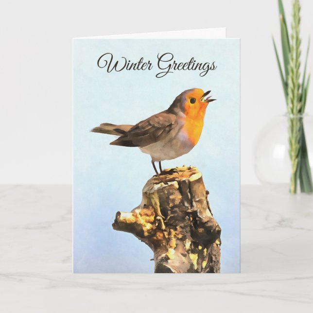 Winter Greetings. Robin singing  Card (Front)