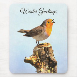 Winter Greetings. Robin singing Mouse Pad