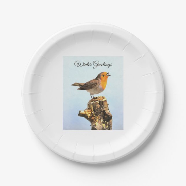 Winter Greetings. Robin singing  Paper Plate (Front)