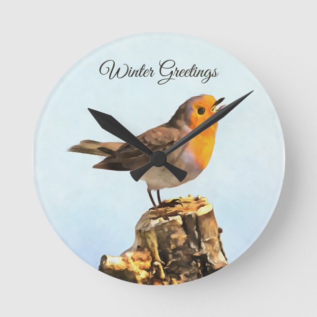 Winter Greetings. Robin singing  Round Clock (Front)