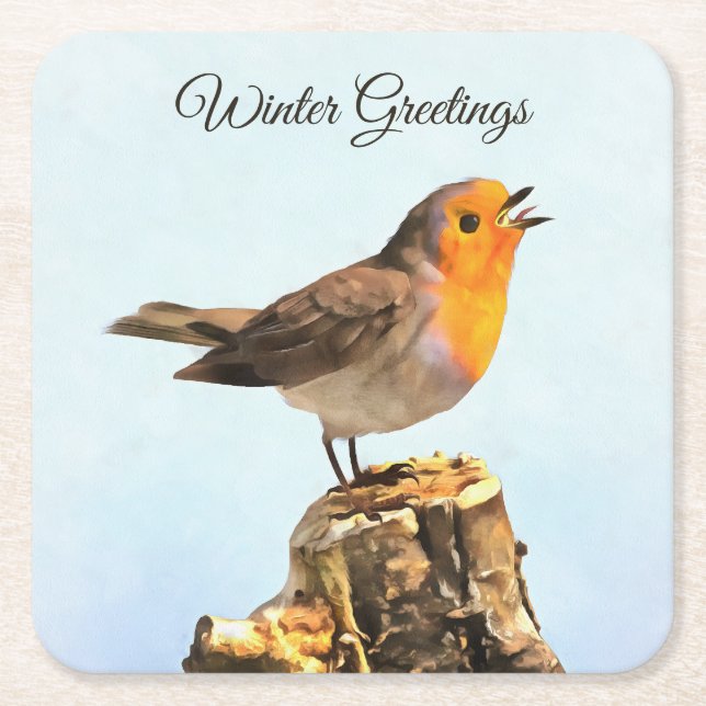 Winter Greetings. Robin singing  Square Paper Coaster (Front)