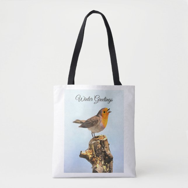 Winter Greetings. Robin singing  Tote Bag (Front)