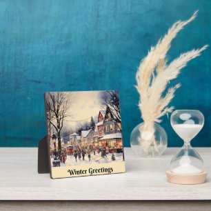Winter Greetings, snowy city street, Plaque