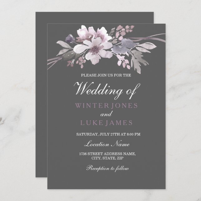 Winter Grey Elegant Floral Wedding Invitation (Front/Back)