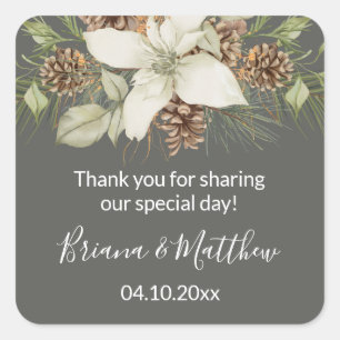 Winter Grey Elegant Script Wedding Favour Square Sticker