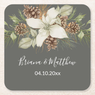 Winter Grey Elegant Script Wedding Square Paper Coaster