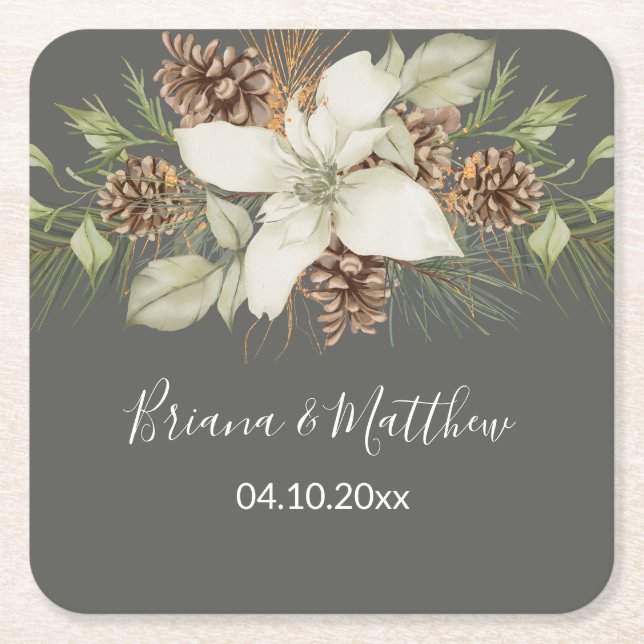 Winter Grey Elegant Script Wedding Square Paper Coaster (Front)
