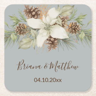 Winter Grey Elegant Script Wedding Square Paper Coaster