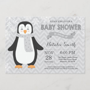 Winter Grey Penguin Baby Shower Invitation